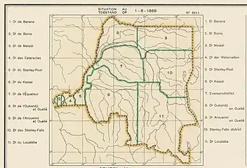Districts of the Congo Free State in 1888. The small western districts were Banana, Boma, Matadi and Cataractes