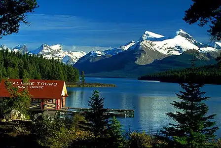 Maligne Lake with Mount Charlton and Mount Unwin to the right