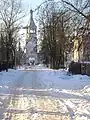 The bell tower from the side of Dobrynya street, an ancient street of medieval Novgorod