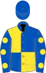 Royal Blue and Yellow Quartered, royal blue sleeves, yellow spots, royal blue cap