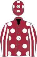 Garnet, white spots, white sleeves, maroon striped, maroon cap, white spots