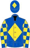 Royal blue, yellow diamond, check sleeves, yellow diamond on cap