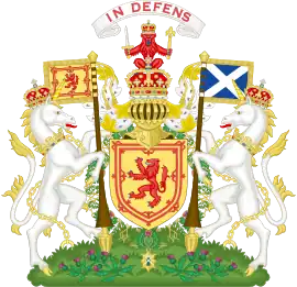 The full armorial achievement of the arms of the Kingdom of Scotland (before the Union of the Crowns)