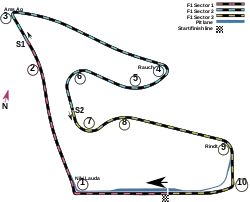 The Spielberg circuit runs clockwise has ten corners, varying between tight hairpins and long-fast sweepers. The pit lane is on the right-hand side of start-finish straight, with the entrance located between the ninth and tenth turns and the pit lane exit located after the first.