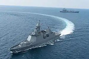 HTMS Bhumibol Adulyadej (FFG-471) sail in formation with three other ships during U.S.-Thai joint naval exercise Guardian Sea 2019